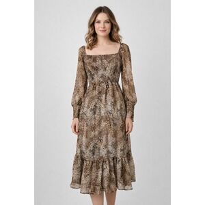 Betsey Johnson Animal Print Midi Dress XS Brown Tiered Smocked Peasant Cottage‎